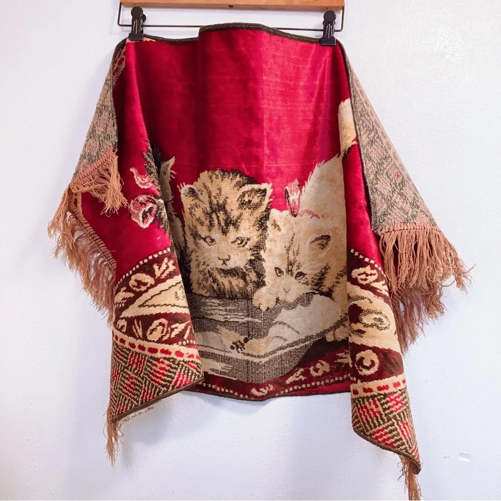 Vintage Red Velvet Bohemian Cats Kittens Belgium Tapestry Wall Hanging Rug Art
